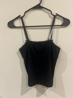 American Eagle Black Lace-Trim Ribbed Tank Top
